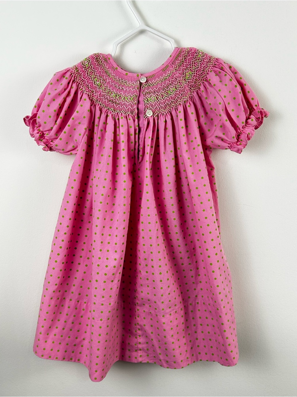 Rosalina’s Collection Smocked Pink Baby Girl Dress with Pretty Green Flowers - Picture 2 of 5